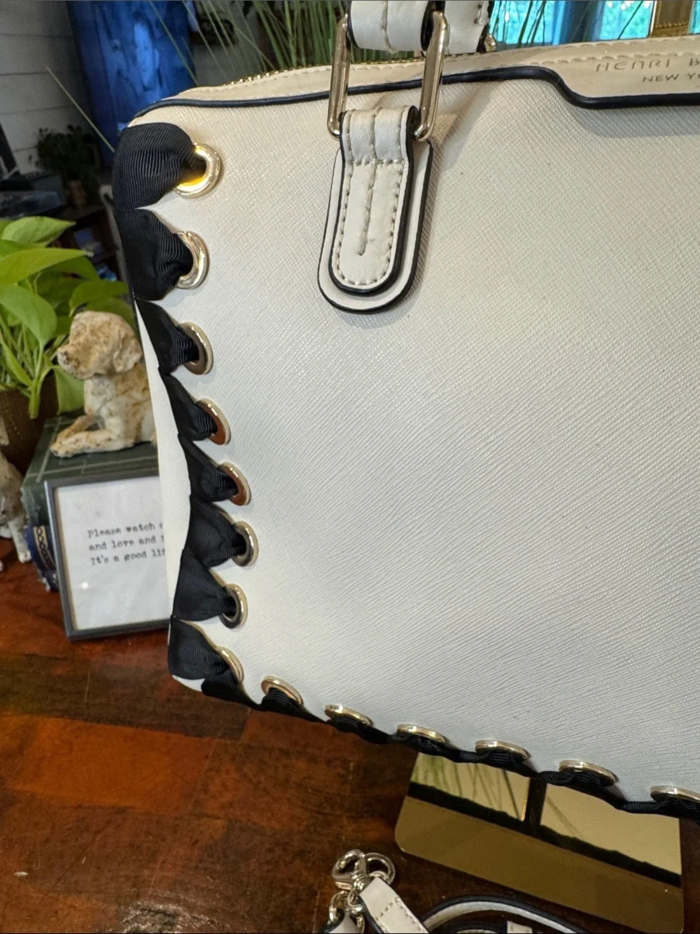 henri bendel White and Black Leather Satchel with Lace-Up Trim